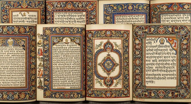 Close up view of ancient illuminated manuscripts with ornate borders and calligraphic text.