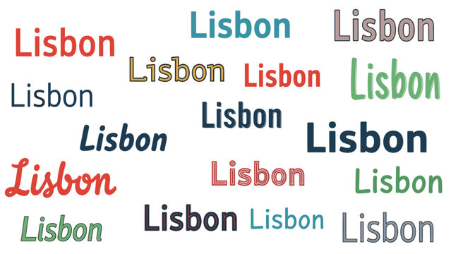 Word cloud of the name Lisbon written in multiple different fonts and colors on a white background for city branding and tourism promotion.