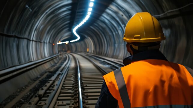 Inspecting rail infrastructure underground tunnel construction site dimly lit environment side view safety and maintenance awareness