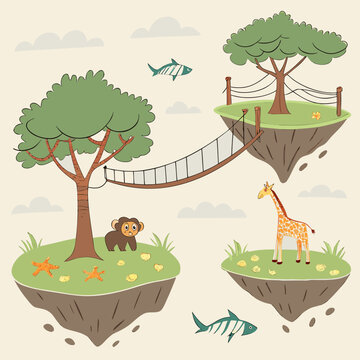 Floating islands with animals and a bridge connecting two trees floating illustration