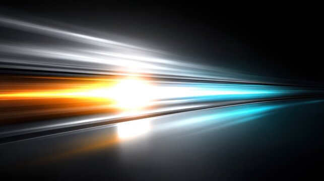 Intense light streaks emanate from a central bright point across a dark, reflective horizontal plane.