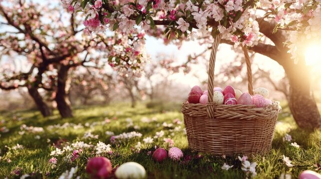 Woven container filled with dyed ovoid objects rests beneath blossoming trees in a sunlit meadow.