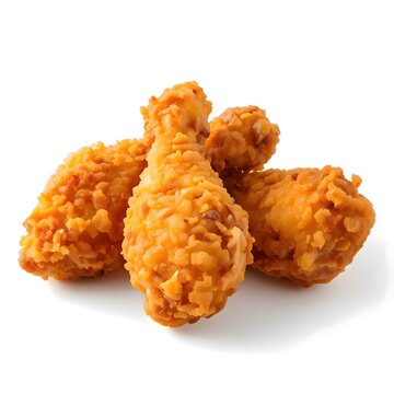 Crispy golden fried chicken drumsticks isolated on a pure white background
