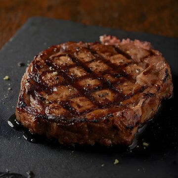 Juicy grilled ribeye steak with perfect grill marks on a black stone plate