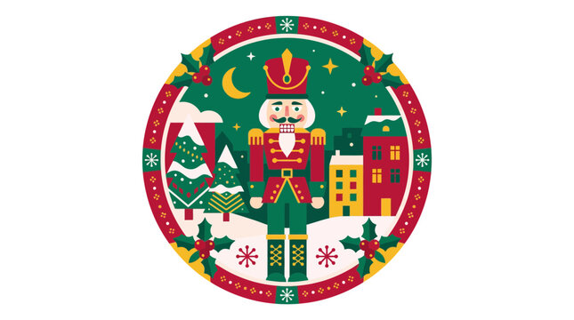 Christmas nutcracker soldier in festive circular frame illustration.