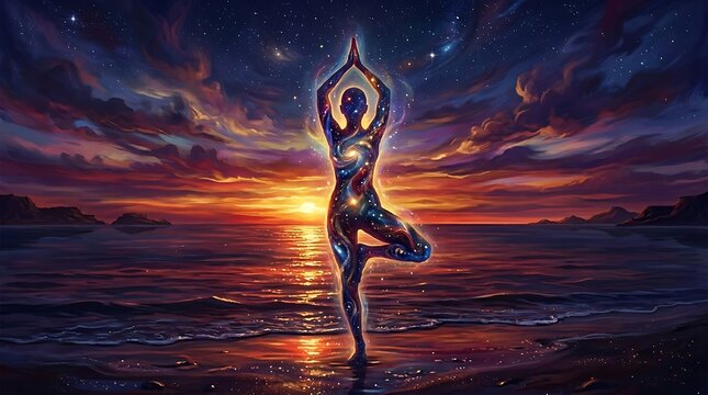 Mystical Yoga Pose at Sunset on a Serene Beach.