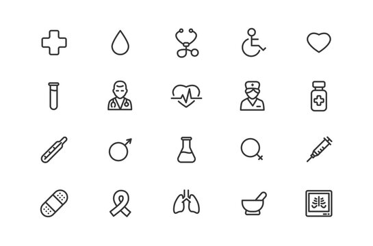 Medical line icon set. Simple UI vector icons pack for healthcare website, clinic presentation, medicine, pharmacy, hospital and health.