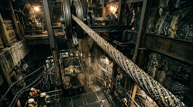 Industrial elevator mechanism with large steel cable and pulleys in a mine shaft.