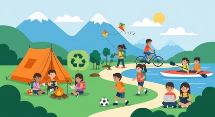 Naklejka premium Children Enjoying Summer Camp Activities Outdoors with Camping, Kayaking, Cycling, and Environmental Education