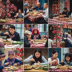 Fototapeta premium Collage of diverse people enjoying traditional Chinese food at a festive market.