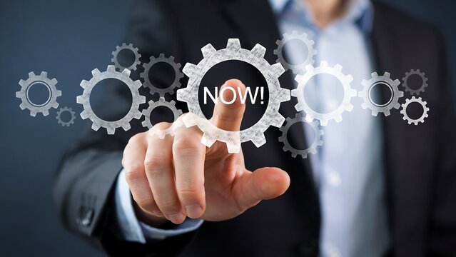 Business process optimization concept with gears and now action management interface