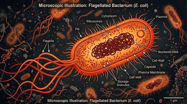 Microscopic illustration of flagellated e. coli bacterium isolated on transparent background, Vector