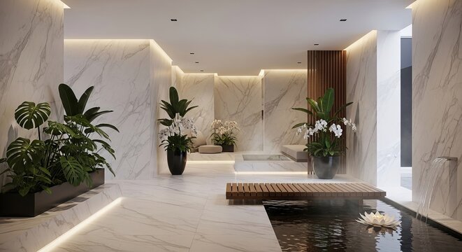 Modern luxury spa interior with marble walls indoor pond and tropical plants decor