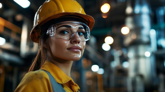 Industrial safety training event featuring female worker in manufacturing facility captured in a dynamic environment with action-oriented perspective