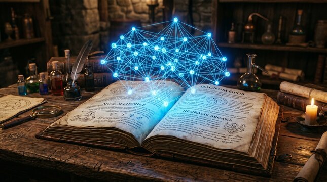 Glowing digital neural network hologram rising from an ancient open book on a wooden desk in a medieval alchemist laboratory, concept of artificial intelligence and magic