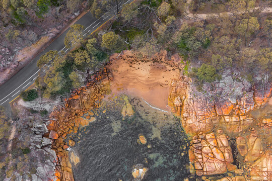 Aerial top down view over Coles Bay Tasmania