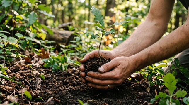 Environmental sustainability and reforestation concept with a person planting a tree.