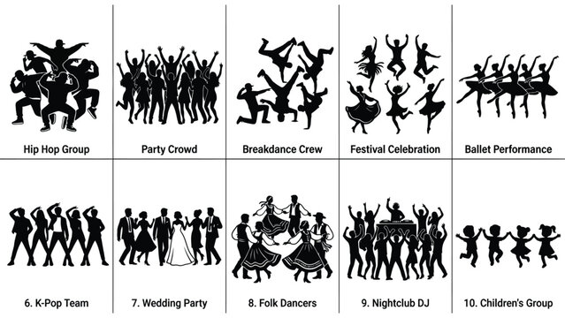 Silhouettes of dancing figures a collection of black shapes on a white background silhouette dancers people group team performance celebration event party crowd folk dance