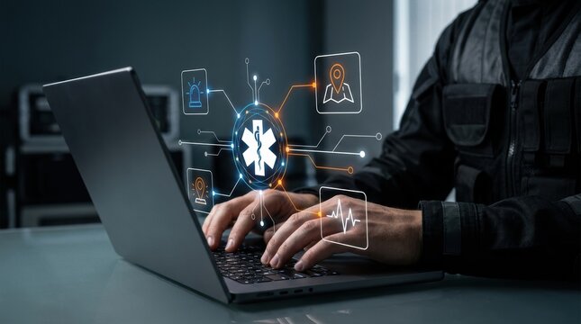 Tactical paramedic using laptop for real-time medical dispatch via futuristic digital interface, emergency medical services, healthcare technology, smart dispatch modern technology business concept
