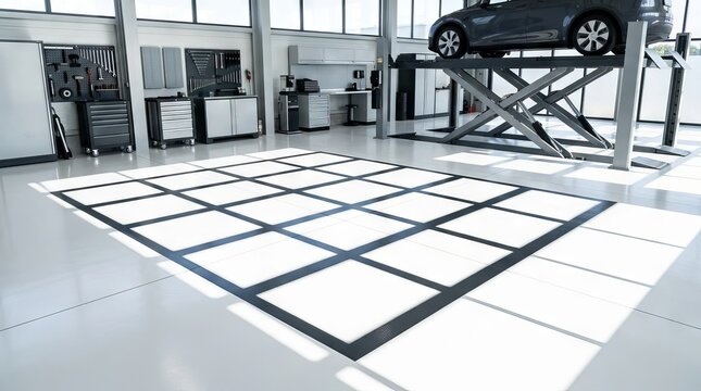 Modern automotive repair workshop with a car on a hydraulic lift and floor markings.