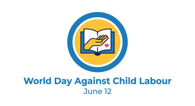 World day against child labour awareness graphic with open book symbol