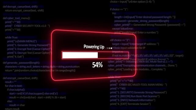 Teal Powering up Progress Bar on a Background of Computer Code loading programming. 4K Futuristic Tech Animation