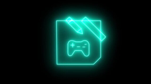 A bright neon gaming edit icon with a paper, pencil and gamepad controller on a black background for video game development and creative software concepts.