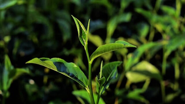 Close-up of young green tea leaves developing in a verdant plantation in morning sunlight