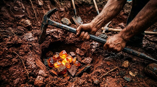 A close up view of a miner using a rock hammer to extract precious gemstones from the earth.