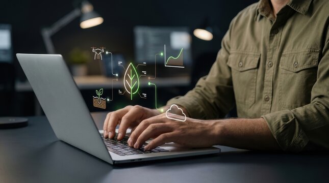 Professional using laptop for smart agriculture data management and environmental monitoring, agritech solutions, green technology, digital transformation modern technology business concept