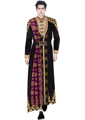 Fototapeta premium Royal Fusion Nobleman in Black Embroidered Robe with Purple Palembang Songket Accents Illustration