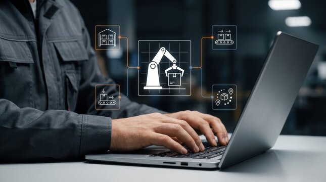 Technician using laptop to manage automated warehouse logistics through a digital interface with robotic arm icons, industry 4.0, smart manufacturing, supply chain modern technology business concept