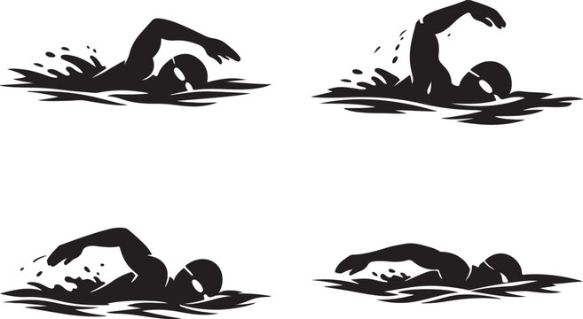Swimmer silhouette swimming freestyle crawl in water set  silhouette vector on a white background