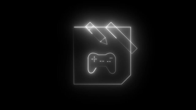 A bright neon gaming edit icon with a paper, pencil and gamepad controller on a black background for video game development and creative software concepts.