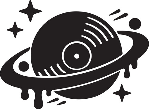 Planet shaped like vinyl record with ring and dripping effect, cosmic theme.