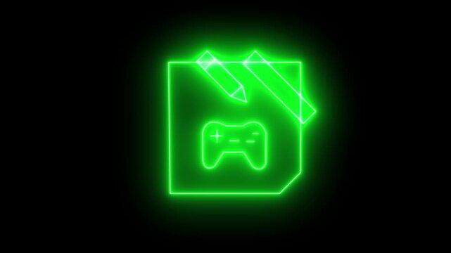 A bright neon gaming edit icon with a paper, pencil and gamepad controller on a black background for video game development and creative software concepts.