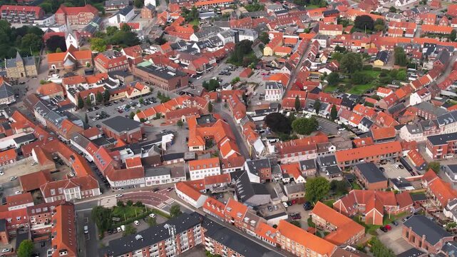 A panorama aerial view of the city Varde in Denmark on a cloudy noon in summer.