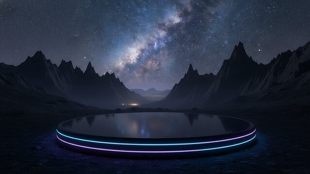 Futuristic black circular illuminated podium stage positioned against a majestic mountain range silhouette under a clear starry night sky with galaxy nebula glow and cosmic atmosphere.