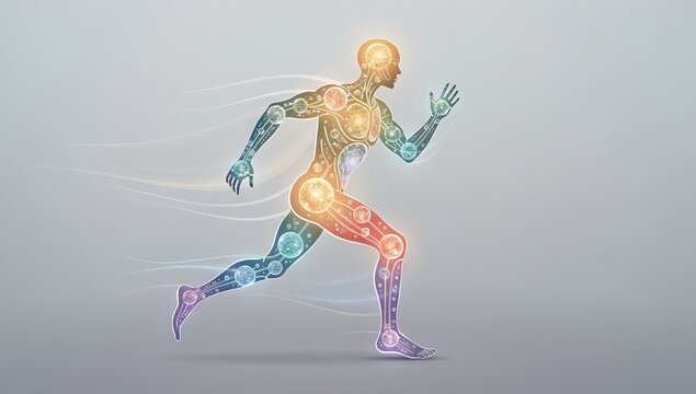 Abstract illustration of a human figure running with energetic colorful glowing particles.