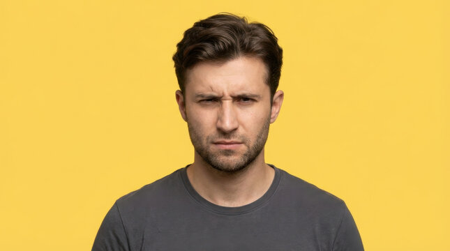 Young Caucasian Man is staring directly into the camera with a serious, frowning, and suspicious facial expression, squinting his eyes in distrust or annoyance.