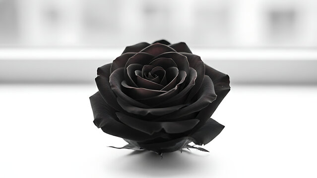 Single elegant black rose flower standing against a clean white backdrop with soft blurred bokeh effect, minimalist floral composition highlighting dark petals and mysterious gothic aesthetic.