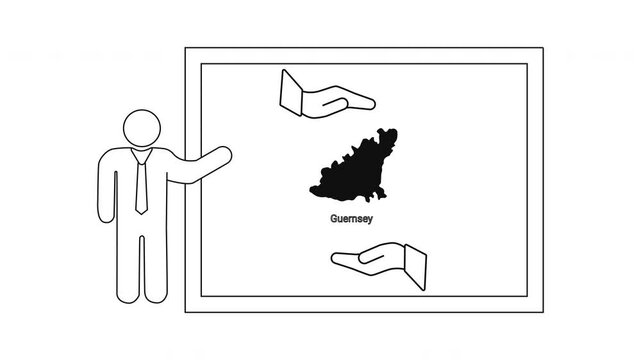 Business presentation showing map of Guernsey with hands and laptop.