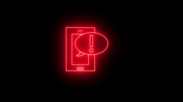 A red neon line icon of a mobile smartphone on a black background, with a notification bubble with an exclamation mark, indicating a digital alert, security warning system, or emergency message.