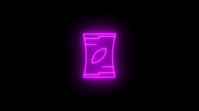 Isolated neon pink glowing snack bag icon on black background; animation of a packet of chips or food packaging symbol in modern neon style.