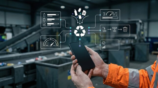 Worker holding smartphone to monitor waste management flow and recycling metrics in industrial facility, circular economy, smart waste management, sustainable modern technology business concept
