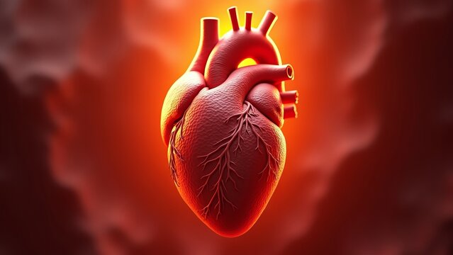 Anatomically correct human heart glowing in red light.