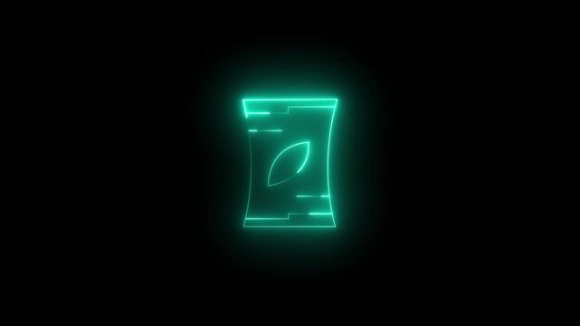 Isolated neon glowing snack bag icon on black background; animation of a packet of chips or food packaging symbol in modern neon style.