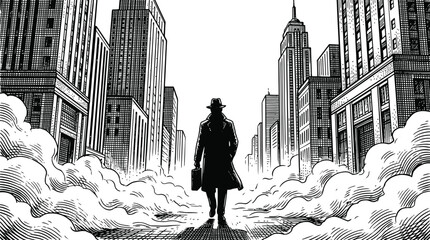 Noir detective walking down a city street black and white engraving illustration © LightFrame