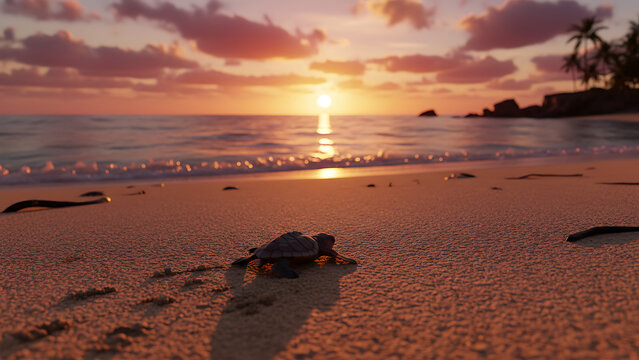 Tiny newborn hatchling sea turtle crawls across a golden sandy beach toward the ocean under a vibrant orange sunset sky, showcasing nature wildlife and reptile conservation journey.