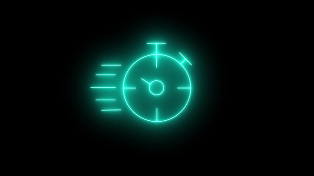 A bright neon fast stopwatch icon on a black background, symbolizing speed, movement, deadline, countdown, fast delivery service, express and time management.